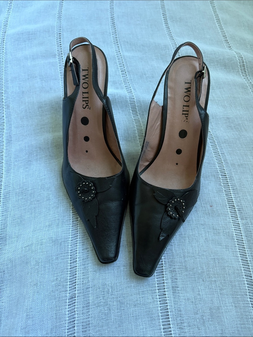 Vintage Y2K Two Lips Black Pointed Slingback Heels with Floral Stud Detail